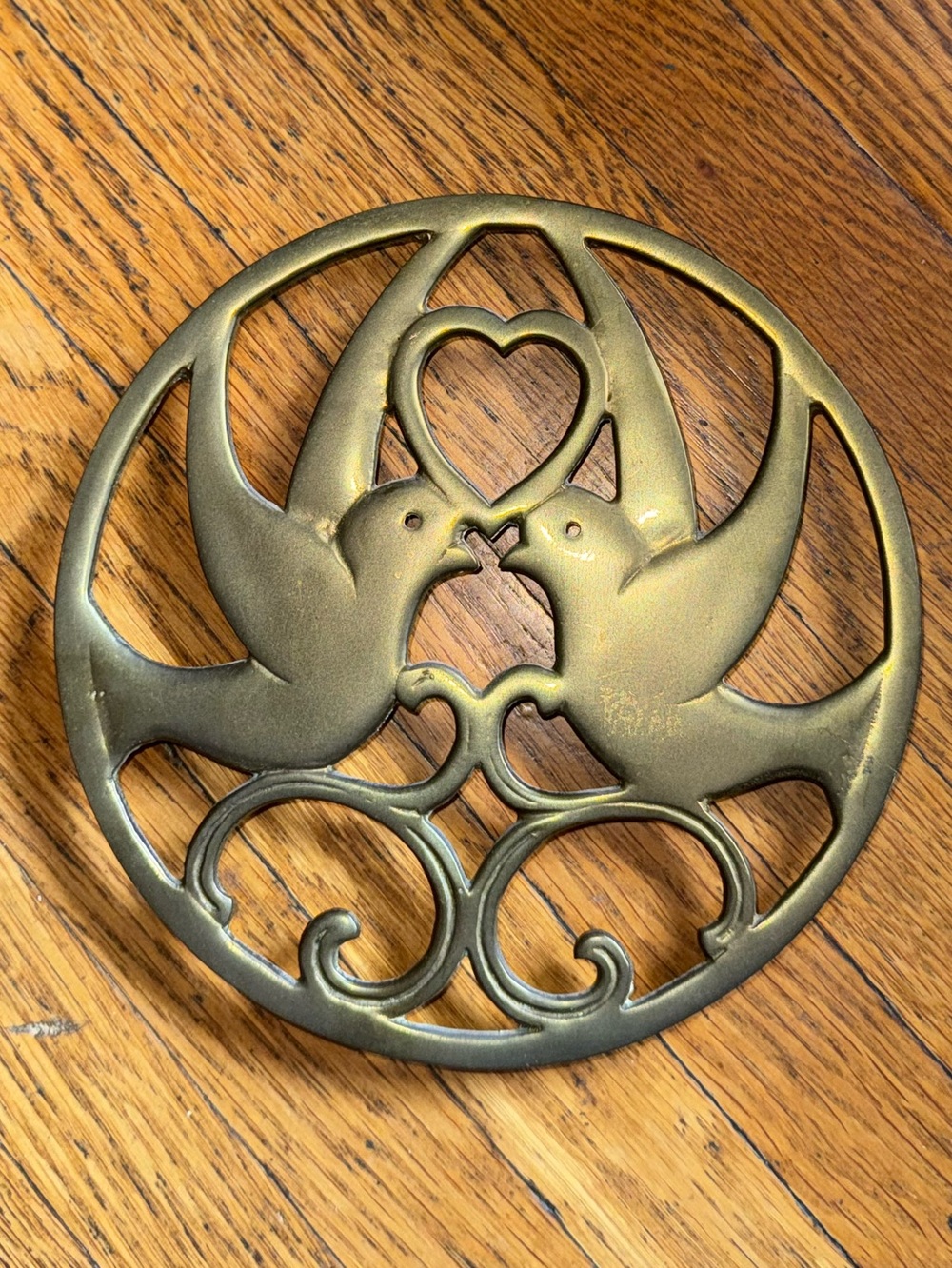 Vintage Brass Doves Trivet with Heart Motif